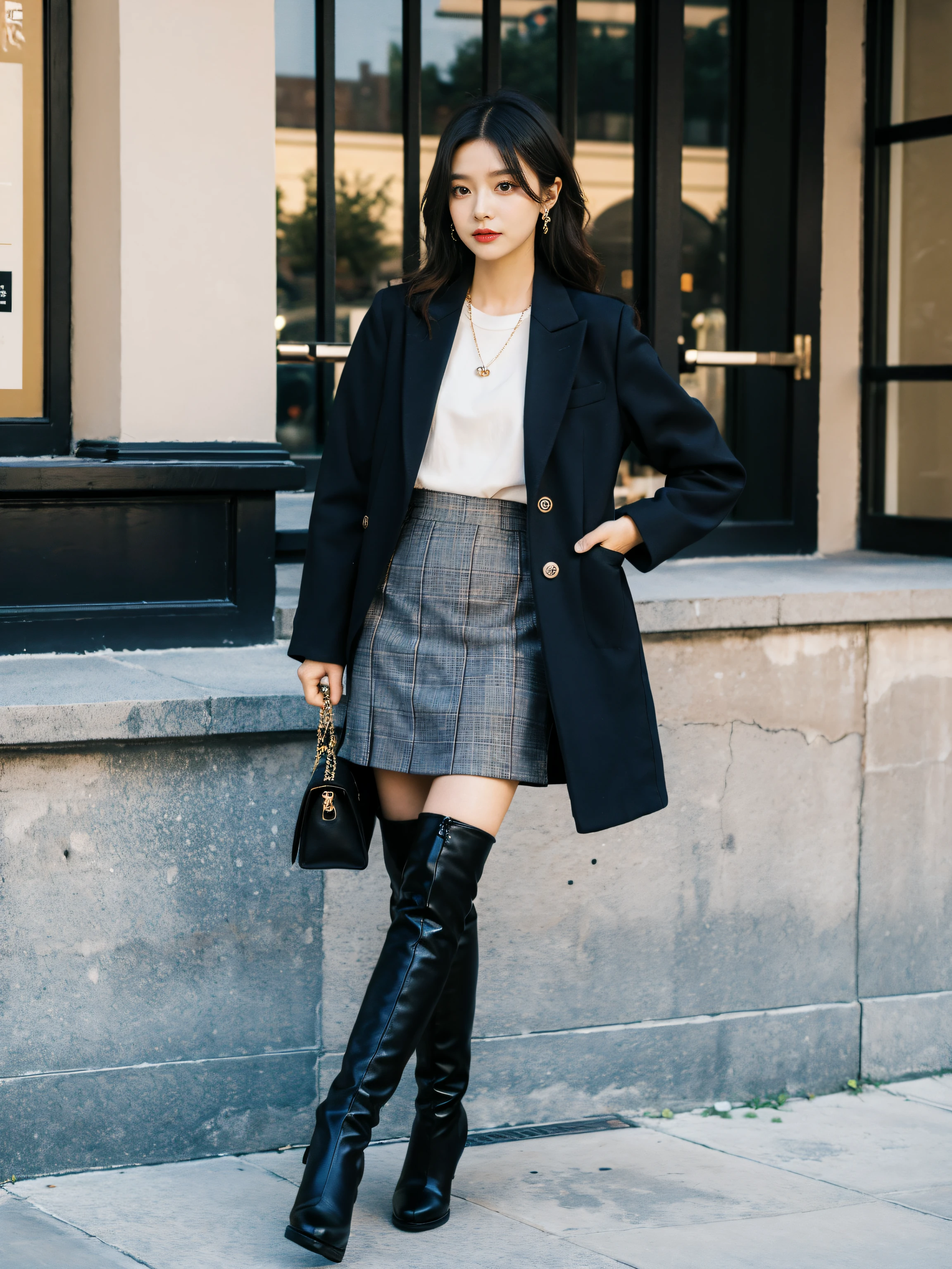 Best quality,tmasterpiece,超高分辨率,(actual:1.4),RAW photos,hyper HD,8K,There a group of girls,Stylish clothes,Chanel style,Stylish skinny suit, wearing jacket and skirt,high-class fashion,ellegance, short skirt and a long jacket, tigh-high boots,Over-the-knee boots,Casual pose,In the daytime
