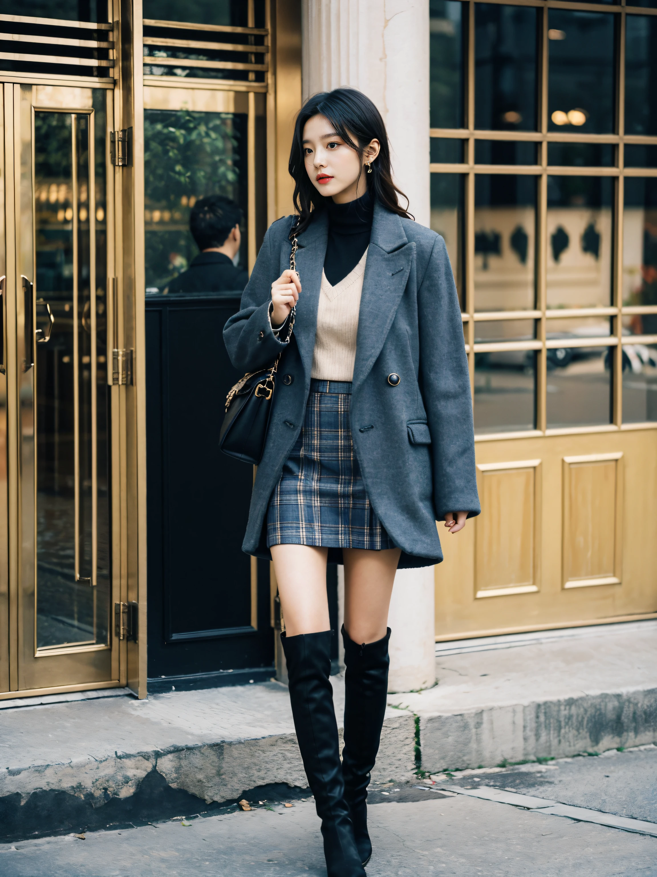 Best quality,tmasterpiece,超高分辨率,(actual:1.4),RAW photos,hyper HD，8K，There  a group of girls，Stylish clothes,Chanel style，Stylish skinny suit, wearing jacket and skirt,high-class fashion，ellegance, short skirt and a long jacket, tigh-high boots，Over-the-knee boots，Casual pose，In the daytime