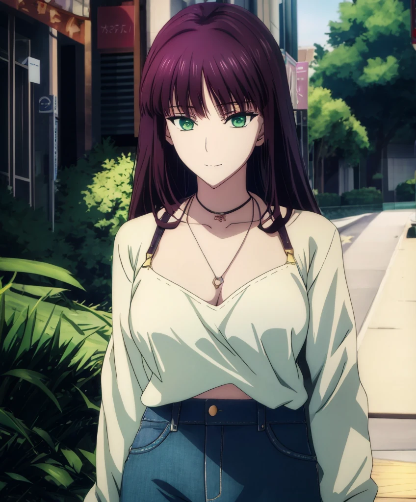Anime girl with green eyes and a white shirt standing on the sidewalk, Seductive Anime Girl, anime visual of a young woman, Anime Best Girl, anime girl with long hair and green eyes,, Seductive Anime Girl, UHD,hiquality,Connect ticker and 8K, hight resolution,Very detailed CG, High quality shadows, Detail Beautiful delicate face, Detail Beautiful delicate eyes,BREAK(Highly detailed 8k wallpapers),(Highly detailed CG 8K wallpaper),Makima (chain saw man),Sukasaha (Fate/grand order),Shimohira Reihua ,Hi-Res,Very delicate and beautiful CG illustration,top-quality,beautiful thigh,big breasts thin waist,(((masutepiece))), (((Best Quality))),8K,32K,masterpiece,beautiful alluring anime woman,ultra-definition,ultra-detailliert,hight resolution,a hyperrealistic schoolgirl,masuter piece, Best Quality, High quality, High Definition, high quality texture, high quality shadow, high detailing,finely detail,A age girl,1girl in,High school students,Solo,Soio,Only one person,Alone,One Person,taki,Mature atmosphere,Leg length,neat and long legs,8 Head Body,stature:171cm,Mature girls,Reddish-purple hair,Reddish-purple hair,Purple hair,cassis colored hair,silky and smooth hair,Colorful hair,Straight hair,Smile,Cool Beauty,Beautuful Women,Neat face, Beautiful realism,Seductive look,Bewitching look,serene expressions,beautiful hairl,She wears a necklace around her neck,Necklace,bead necklace,magatama accessories,A slight smil,Colorful eyes,green colored eyes,Jade-colored eyes,beautidful eyes,Bright eye,Delicat eyes,Eyes Like Gems,Jade Eyes,Hanging eyes,(Green eyes:1.5),Seductive face,Watching the viewer,Model photo,simple background,Black hair, longeyelashes, lightsmile, Reddish-purple hair, cassis colored hair, Hairpin, lightsmile, Seductive smile, Jade-colored eyes, PUPILS SPARKLING, Hanging eyes, multicolored eyes, anime style, Hyperrealism, Realism, anime, 8k, super detail, ccurate, best quality, 16k, anatomically correct, ccurate, UHD, 16k, highres, best quality,parka,Plain clothe,((Black Lowrise Skinny Long Jeans)),hooded sweatshirt,((Sweatshirt)),stroll,Building Street,Sunlight,blue-sky,stroll,Bustling street,during daytime,Walking,takeout,Out,