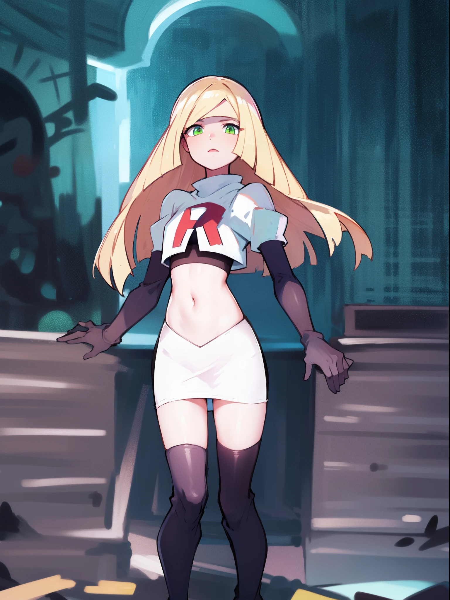 pokemonlusamine,green eyes,blonde hair,team rocket,team rocket uniform,white skirt,crop top,red letter R,black thigh-high boots,black elbow gloves,