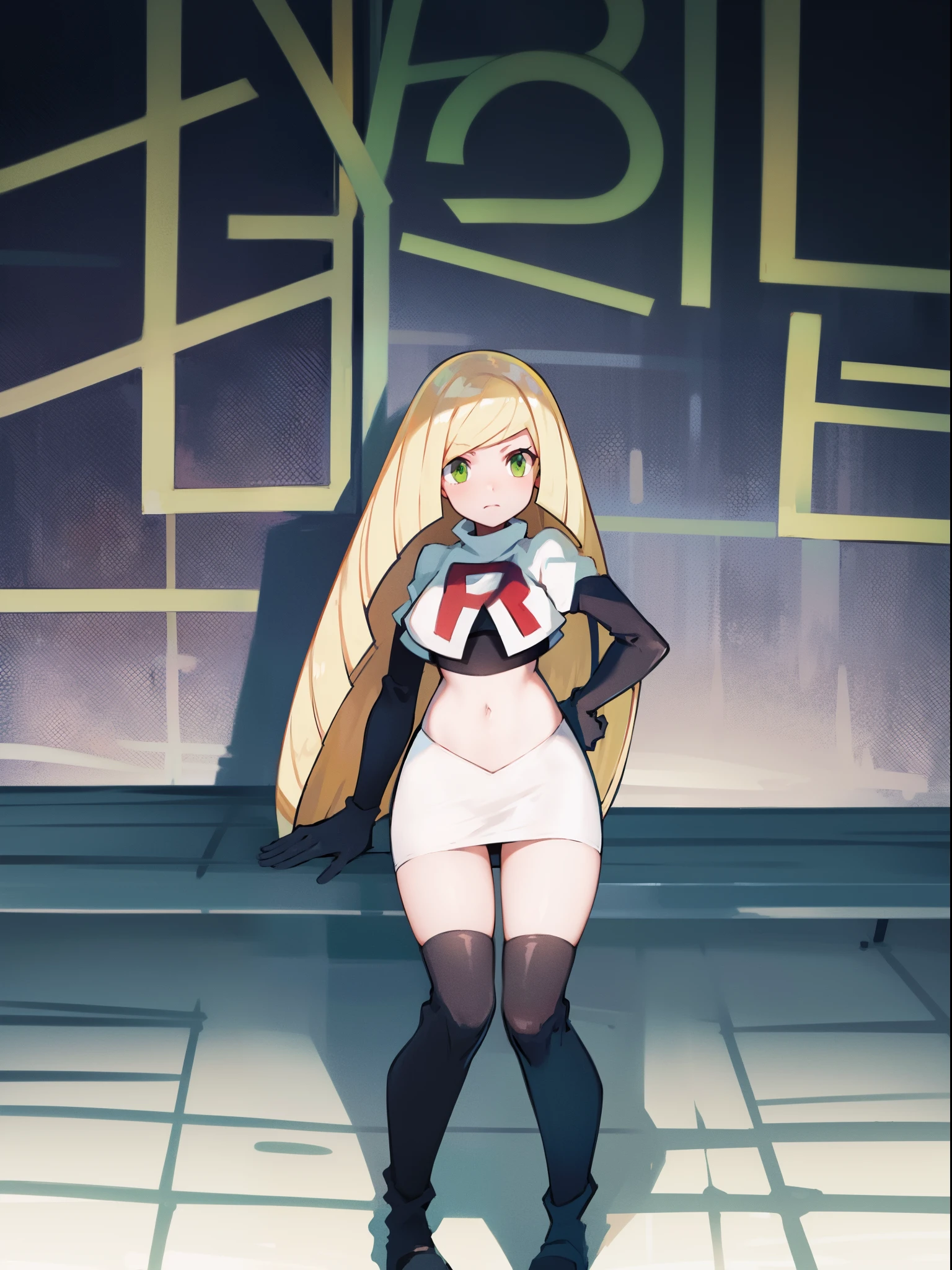 pokemonlusamine,green eyes,blonde hair,team rocket,team rocket uniform,white skirt,crop top,red letter R,black thigh-high boots,black elbow gloves,