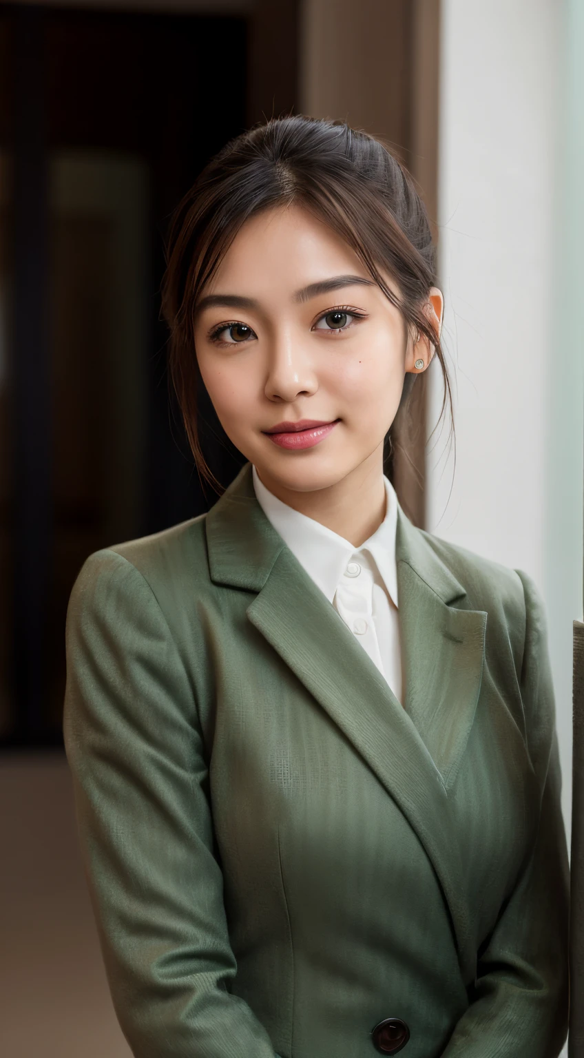 High Resolution, UHD, Anatomically correct, Depth of field, Lower angle shoot, Textured skin, 25 years old Japanese woman, Brown Short ponytail hair, Light smile, mole under eye, White skin, Dark green office suit, Standing pose.