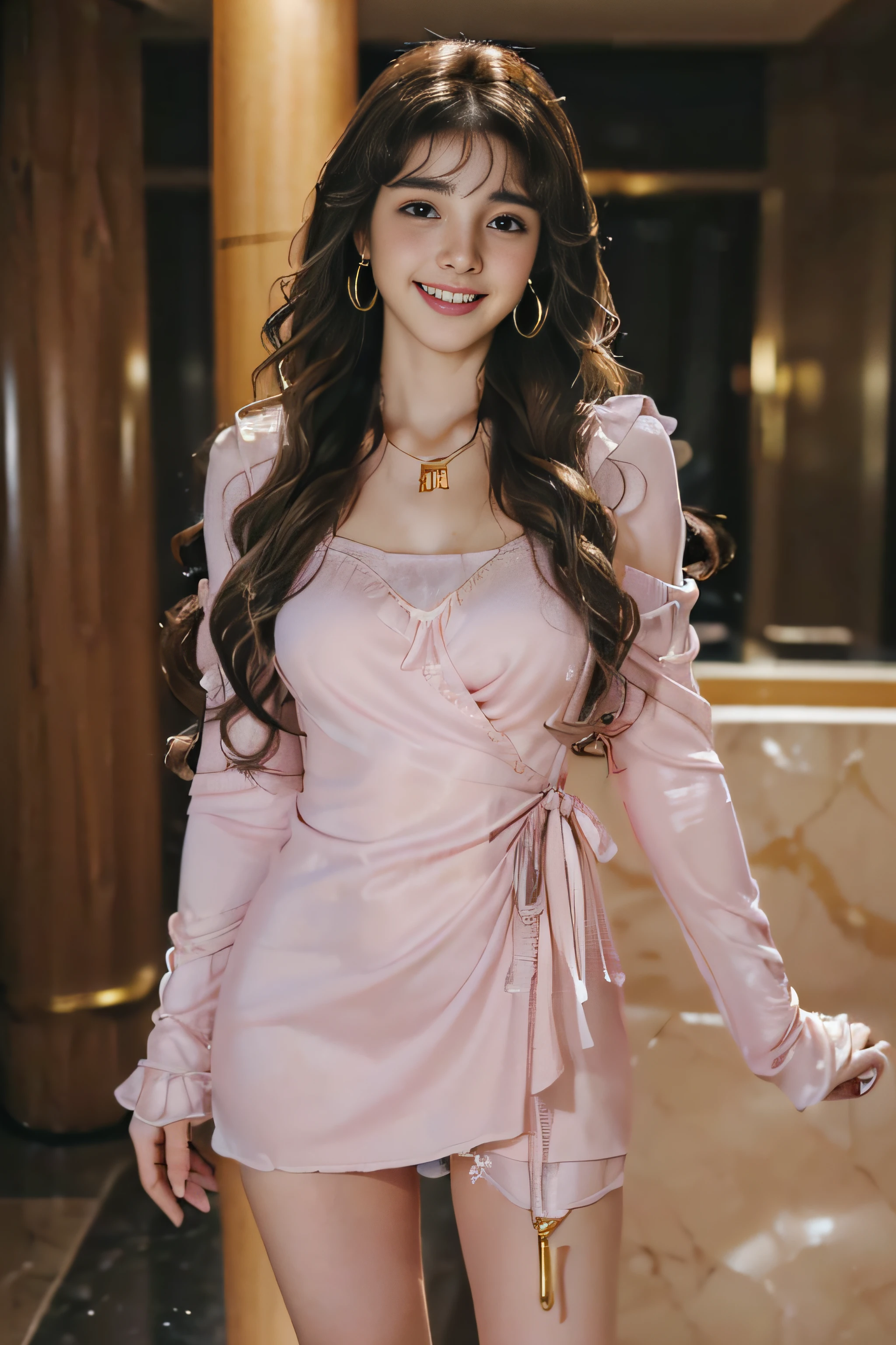 ((beautiful a girl:1.3)) ((pink mini dress_long-sleeve:1.4)) ((pantyshot:1.3)) ((In the hotel lobby at night:1.3)) ((Thin_fabric:1.4)) ((standing and waiting for someone:1.3)) ((full of sweat:1.5)) ((Medium milk:1.4)) ((close-up:1.2)) Best Quality,masutepiece,超A high resolution,(Photorealistic:1.4),Raw photo,(Authentic skin texture:1.3),(Film grain:1.anorama,Character Portrait,Very Wide Shot,Narrow waist,Cowboy Shot,(In the Dark, deepshadow, lowkey, cold light,) Night,(()),Streaming Tears,,Dust,Tindall Effect,(expression),1girl in,beautiful detailed eyes and face,White Jabot,Brown eyebrows:1.2)) ((Full body:1.3)) ((Smile:1.3))((brown super long hair:1.2))((loose and wavy hair:1.3))((Gold necklace_Gold Earrings))