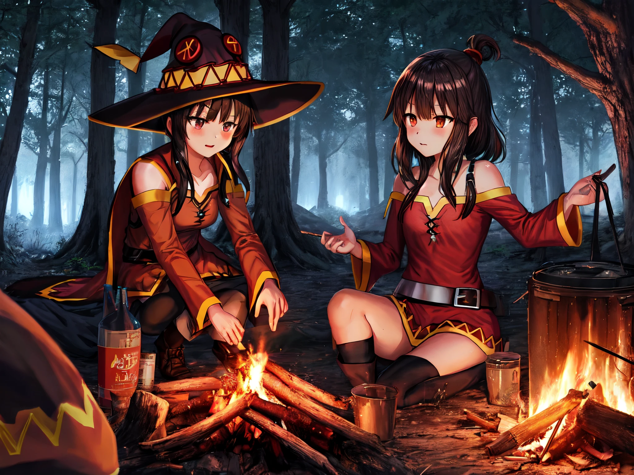 megumin,dark forest, night, high quality, campfire, 1girl