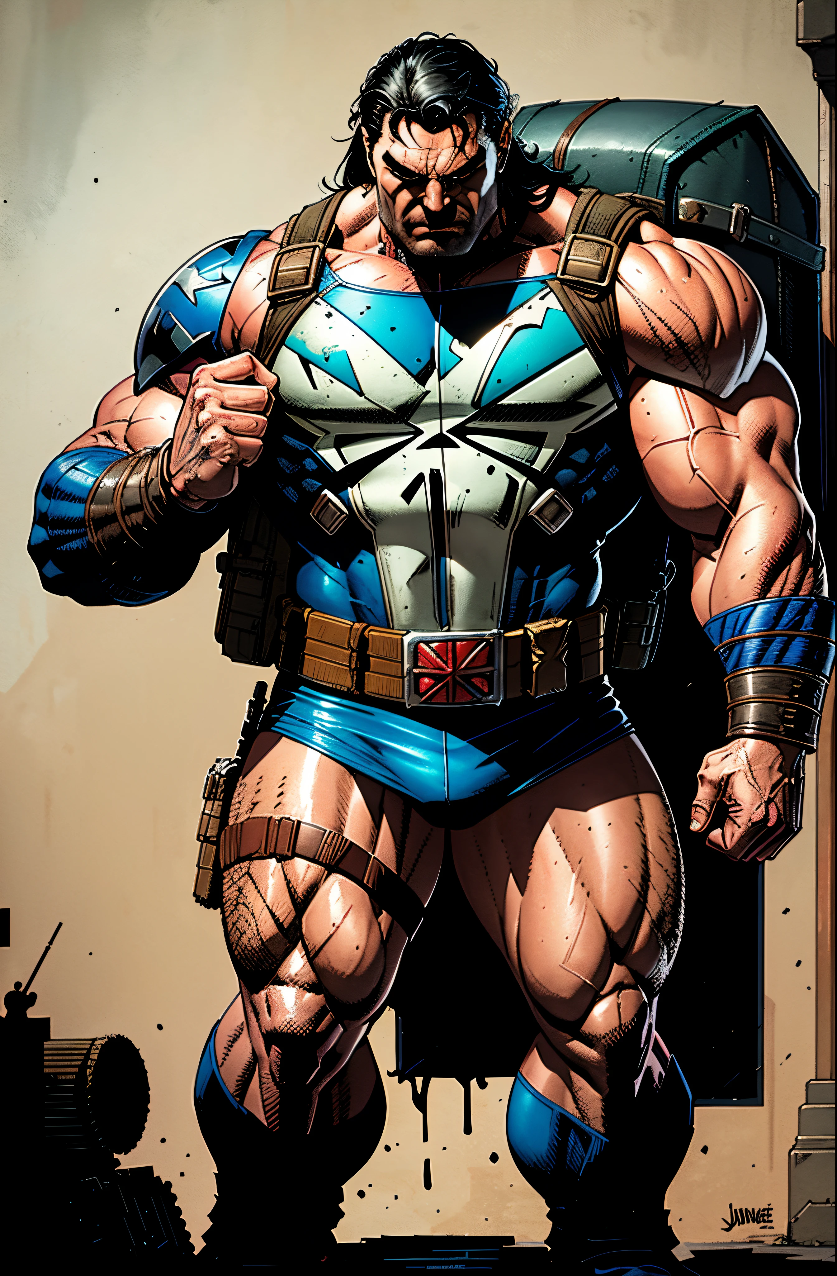 Castillo de Frank (El castigador) mixed with Conan the Barbarian, (((Vista de cuerpo completo)))fuerte, muscular, Calle enojada, mochila, Illustration by John Byrne and Jim Lee, epic realistic, Foto, descolorido, Cosas complejas alrededor, Fondo intrincado, Empapado, Colores neutros, ((((HDR)))), ((((colores apagados)))), escena intrincada, Artstation, Detalles intrincados, vignette