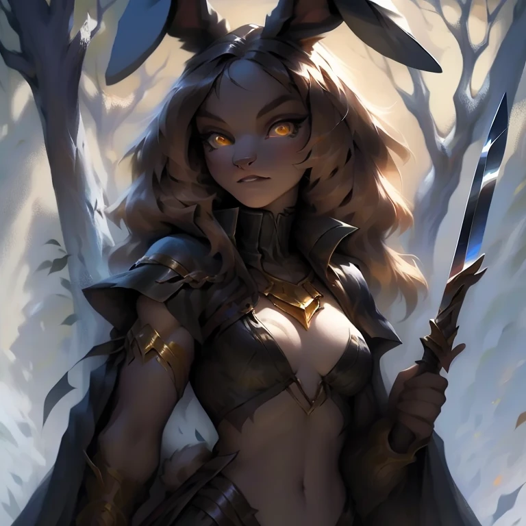 Bunny wearing a black cloak with golden symbol on her chest ,  golden eyes and white fur with a weapon on her hand