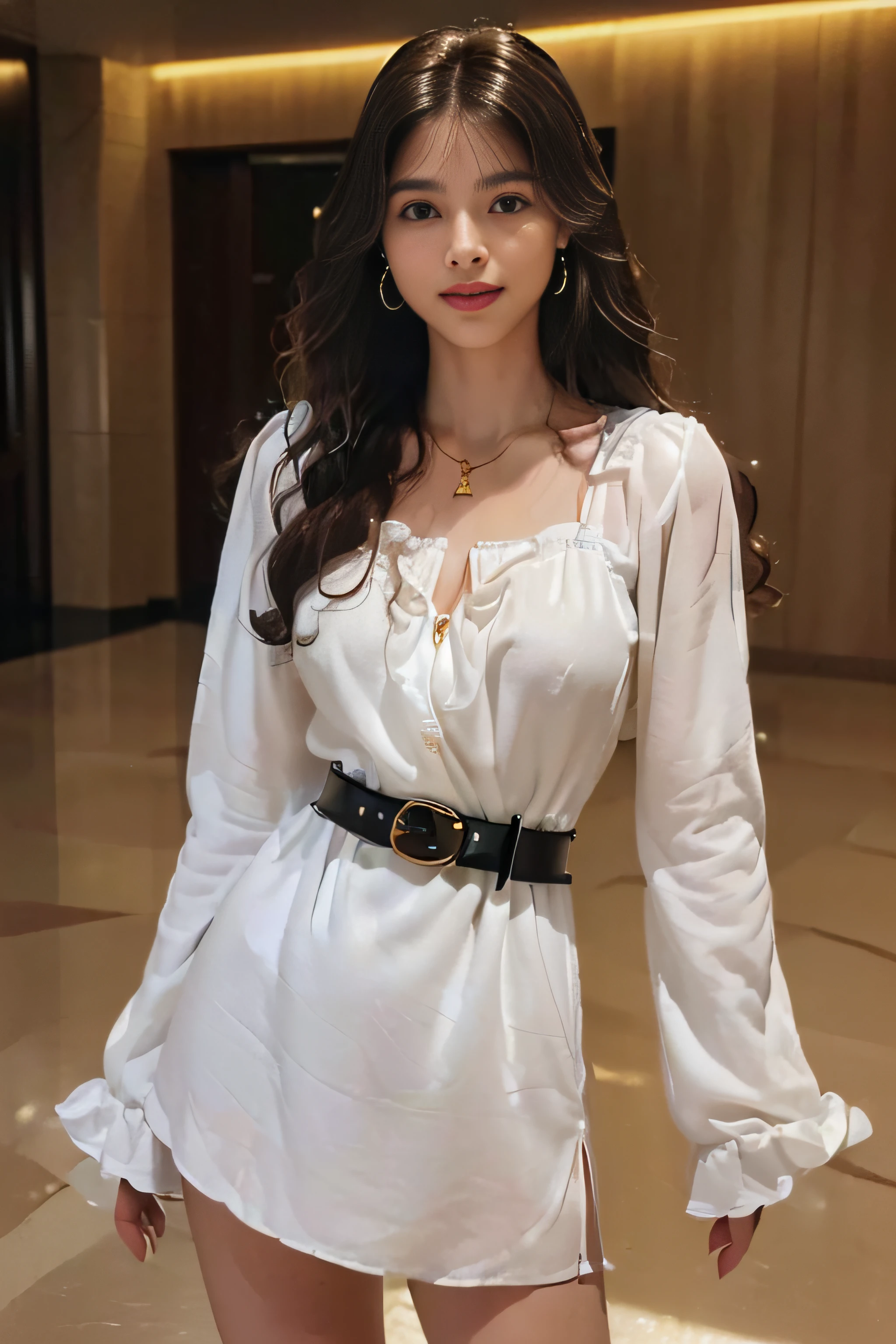 ((beautiful a girl:1.3)) ((Mini dress in white_Long sleeves, thick black belt:1.4)) ((pantyshot:1.3)) ((In the hotel lobby at night:1.3)) ((Thin_fabric:1.4)) ((Standing in a daze_is standing:1.3)) ((full of sweat:1.5)) ((Medium milk:1.4)) ((close-up:1.2)) Best Quality,masutepiece,超A high resolution,(Photorealistic:1.4),Raw photo,(Authentic skin texture:1.3),(Film grain:1.anorama,Character Portrait,Very Wide Shot,Narrow waist,Cowboy Shot,(In the Dark, deepshadow, lowkey, cold light,) Night,(()),Streaming Tears,,Dust,Tindall Effect,(expression),1girl in,beautiful detailed eyes and face,White Jabot,Brown eyebrows:1.2)) ((Full body:1.3)) ((Smile:1.3))((brown super long hair:1.2))((loose and wavy hair:1.3))((Gold necklace_Gold Earrings))
