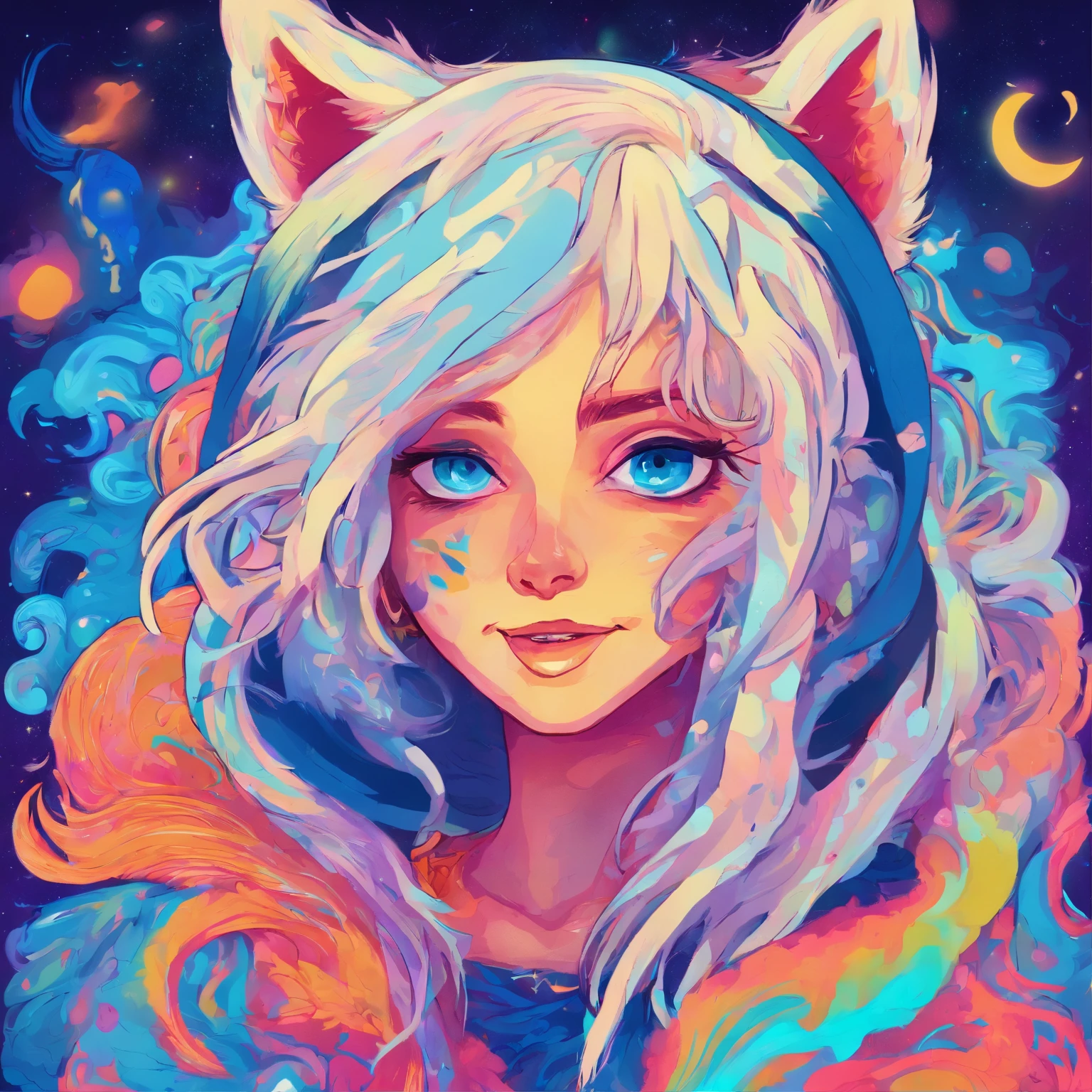 femboy with long white hair, blue eyes and wolf ears, wearing hoodie, glowing blue eyes, happy, smiling