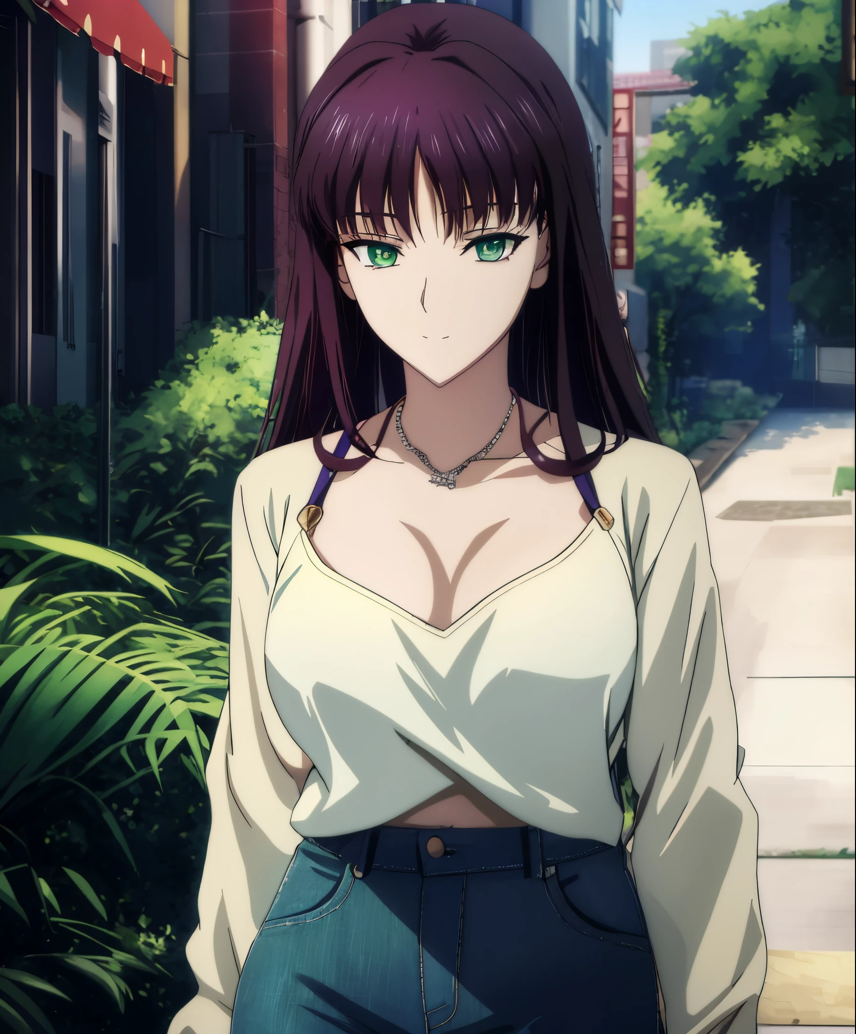 Anime girl with green eyes and a white shirt standing on the sidewalk, Seductive Anime Girl, anime visual of a young woman, Anime Best Girl, anime girl with long hair and green eyes,, Seductive Anime Girl, UHD,hiquality,Connect ticker and 8K, hight resolution,Very detailed CG, High quality shadows, Detail Beautiful delicate face, Detail Beautiful delicate eyes,BREAK(Highly detailed 8k wallpapers),(Highly detailed CG 8K wallpaper),Makima (chain saw man),Sukasaha (Fate/grand order),Shimohira Reihua ,Hi-Res,Very delicate and beautiful CG illustration,top-quality,beautiful thigh,big breasts thin waist,(((masutepiece))), (((Best Quality))),8K,32K,​masterpiece,beautiful alluring anime woman,ultra-definition,ultra-detailliert,hight resolution,a hyperrealistic schoolgirl,masuter piece, Best Quality, High quality, High Definition, high quality texture, high quality shadow, high detailing,finely detail,A teenage girl,1girl in,High ,Solo,Soio,Only one person,Alone,One Person,taki,Mature atmosphere,Leg length,neat and long legs,8 Head Body,stature:171cm,Mature girls,Reddish-purple hair,Reddish-purple hair,Purple hair,cassis colored hair,silky and smooth hair,Colorful hair,Straight hair,Smile,Cool Beauty,Beautuful Women,Neat face, Beautiful realism,Seductive look,Bewitching look,serene expressions,beautiful hairl,She wears a necklace around her neck,Necklace,bead necklace,magatama accessories,A slight smil,Colorful eyes,green colored eyes,Jade-colored eyes,beautidful eyes,Bright eye,Delicat eyes,Eyes Like Gems,Jade Eyes,Hanging eyes,(Green eyes:1.5),Seductive face,Watching the viewer,Model photo,simple background,Black hair, longeyelashes, lightsmile, Reddish-purple hair, cassis colored hair, Hairpin, lightsmile, Seductive smile, Jade-colored eyes, PUPILS SPARKLING, Hanging eyes, multicolored eyes, anime style, Hyperrealism, Realism, anime, 8k, super detail, ccurate, best quality, 16k, anatomically correct, ccurate, UHD, 16k, highres, best quality,parka,Plain clothe,((Black Lowrise Skinny Long Jeans)),hooded sweatshirt,((Sweatshirt)),stroll,Building Street,Sunlight,blue-sky,stroll,Bustling street,during daytime,Walking,takeout,Out,