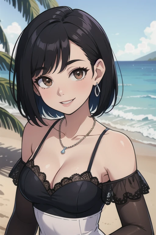 Best quality, Beautiful lighting, medium breasts, cleavage, Black hair, Short Hair, Bob Hair, 1 Girl, Solo, jewelry, Earrings, Brown eyes, lace off-the-shoulder top, Off-the-shoulder attire: 1.4, black dress, Smile, collarbone, necklace, Bare shoulders, upper body, (complex detailed background, sandbeach,beachside,Greenery),
