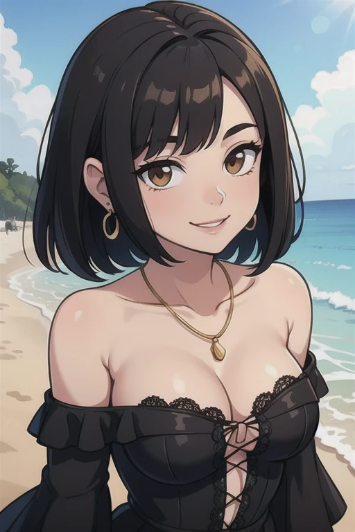 Best quality, Beautiful lighting, medium breasts, cleavage, Black hair, Short Hair, Bob Hair, 1 Girl, Solo, jewelry, Earrings, Brown eyes, lace off-the-shoulder top, Off-the-shoulder attire: 1.4, black dress, Smile, collarbone, necklace, Bare shoulders, upper body, (complex detailed background, sandbeach，beachside，Greenery),