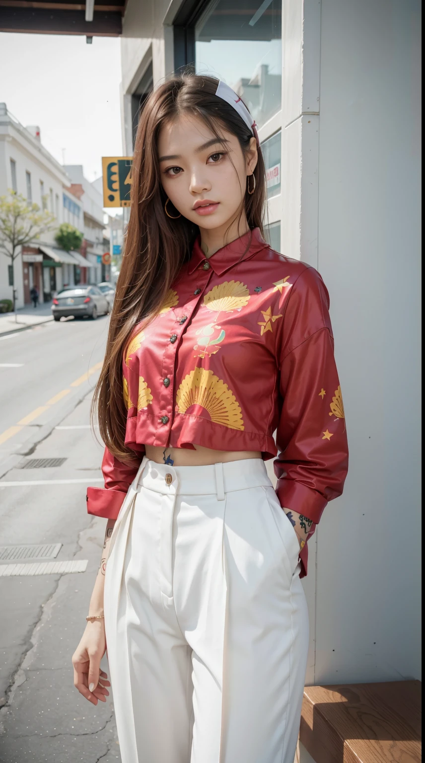 40 years old, gorgeous cute  Argentinian girl, smirk, freckles, polaroid photo, curtain bangs hair, (latino_skin:1.6), araffe woman in red batik shirt and white pants posing for a picture, portrait of jossi of blackpink, tzuyu from twice, jaeyeon nam, with long hair, blackpink jennie, jinyoung shin, korean girl, portrait of female korean idol, jossi of blackpink, ulzzang, beautiful young korean woman, beautiful south korean woman, asian girl with long hair, medium blonde hair, famous beautiful model, good young girl, (masterpiece:1.0),(best_quality:1.0), ultra high res,4K,ultra-detailed, photography, 8K, HDR, highres, absurdres:1.2, Kodak portra 400, blurry background, bokeh, lens flare, (vibrant_color:1.2),professional photograph, (the_tattoo:1.4), (beautiful_face:1.5),(narrow_waist). --v 6