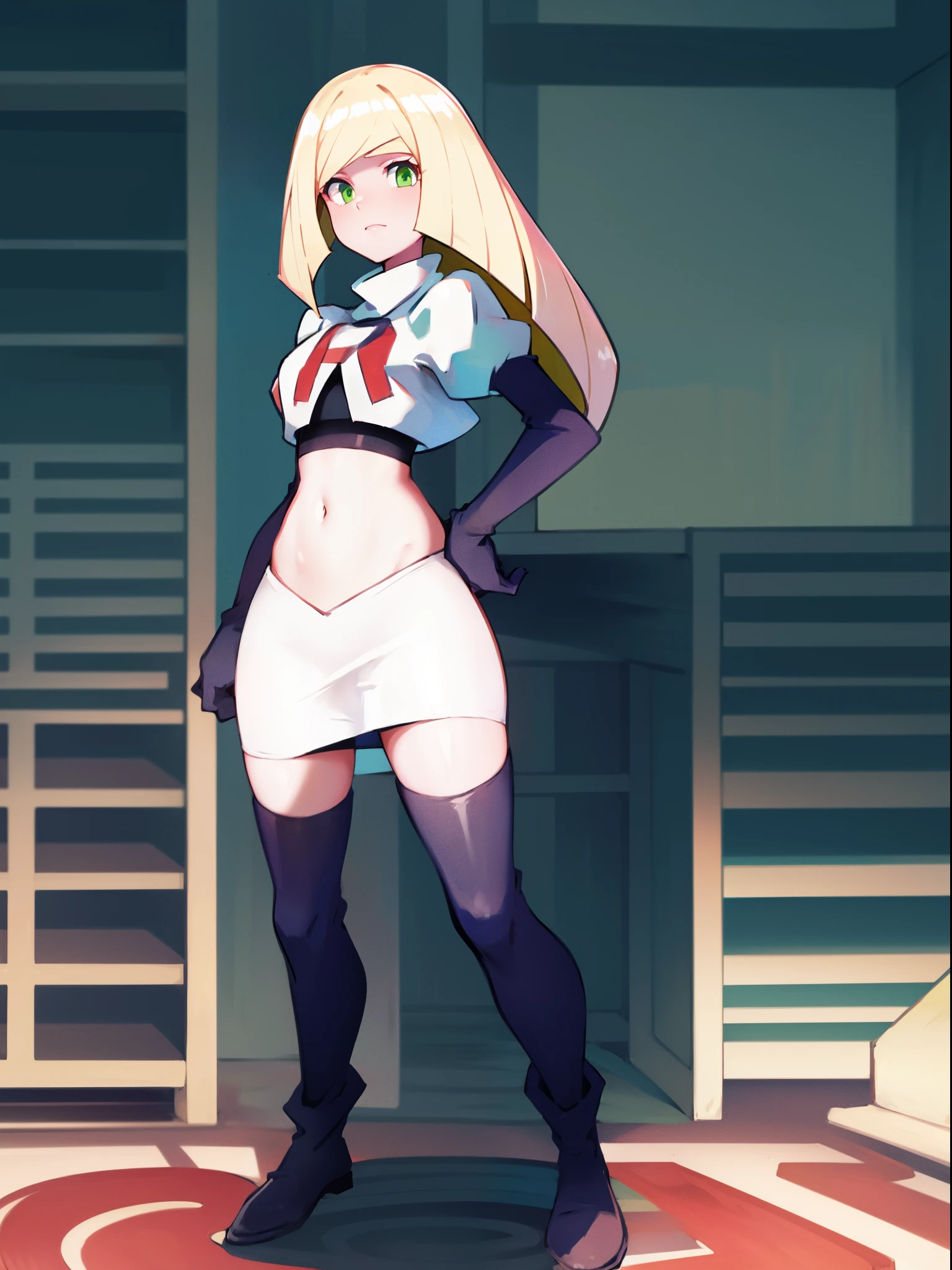 pokemonlusamine,green eyes,blonde hair,team rocket,team rocket uniform,white skirt,crop top,red letter R,black thigh-high boots,black elbow gloves,