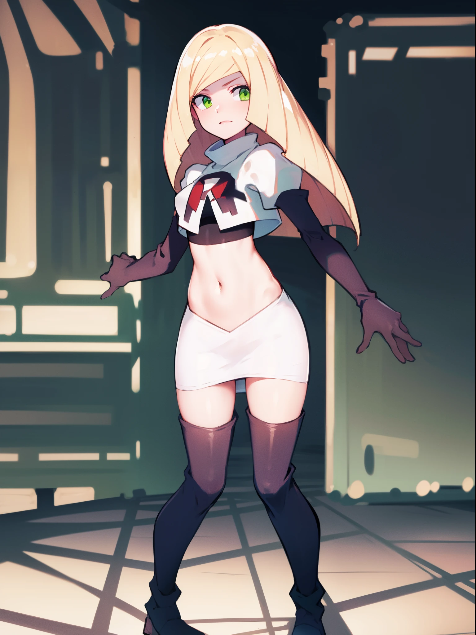 pokemonlusamine,green eyes,blonde hair,team rocket,team rocket uniform,white skirt,crop top,red letter R,black thigh-high boots,black elbow gloves,