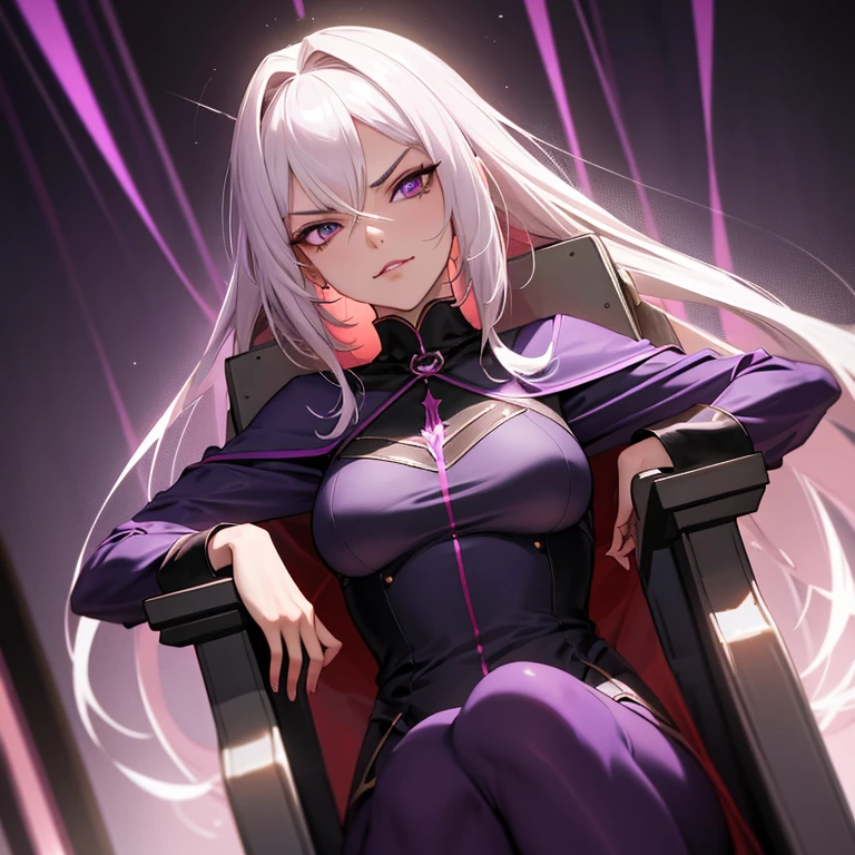 (master part, best quality), Cinematic lighting, 1girl, cabelos pretos, pernas cruzadas, sentado em um trono, villain outfit, Purple eyes, de baixo, coxas, coxas grossas, medium breasts, smug, evil look,