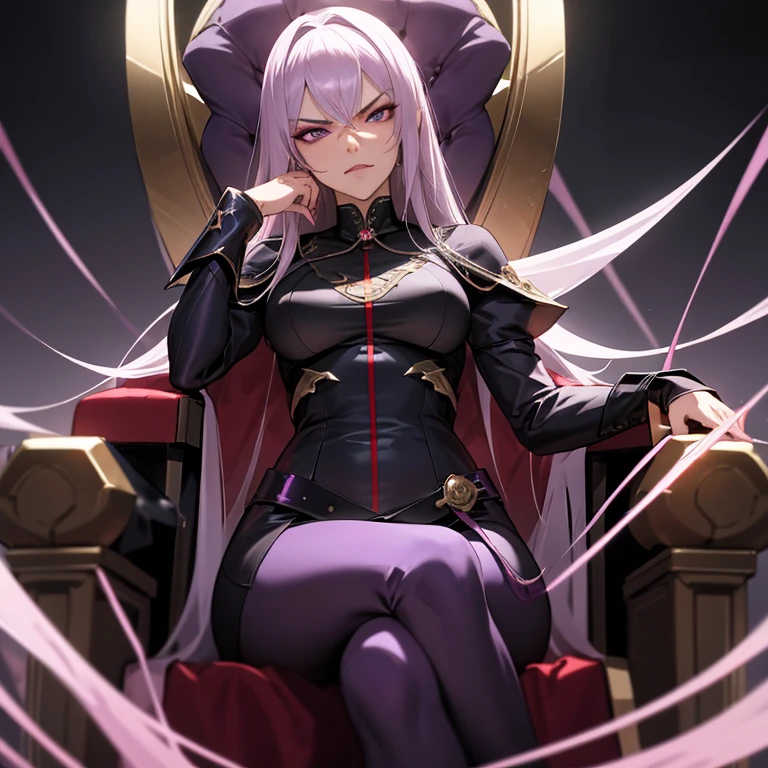 (master part, best quality), Cinematic lighting, 1girl, cabelos pretos, pernas cruzadas, sentado em um trono, villain outfit, Purple eyes, de baixo, coxas, coxas grossas, medium breasts, smug, evil look,