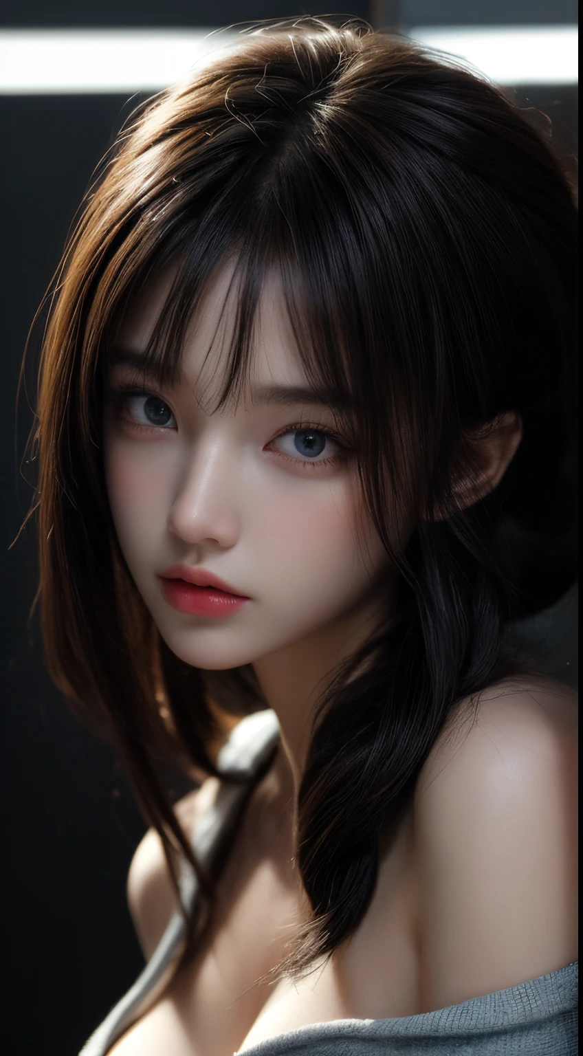 ((Best Quality, 8K, Masterpiece: 1.3)),((Hasselblad photo)), finely detailed skin, clear focus, (cinematic lighting), soft lighting , Beautiful Woman , (Random Hairstyle: 1.2), Ultra-detailed face, Detailed eyes, Double eyelids , Glossy skin, Bangs, big boob , Exposed cleavage, blue Eyes, ((Dark background)), looking at viewer, off shoulder, black sweater, sharp face, open mouse, long bang,