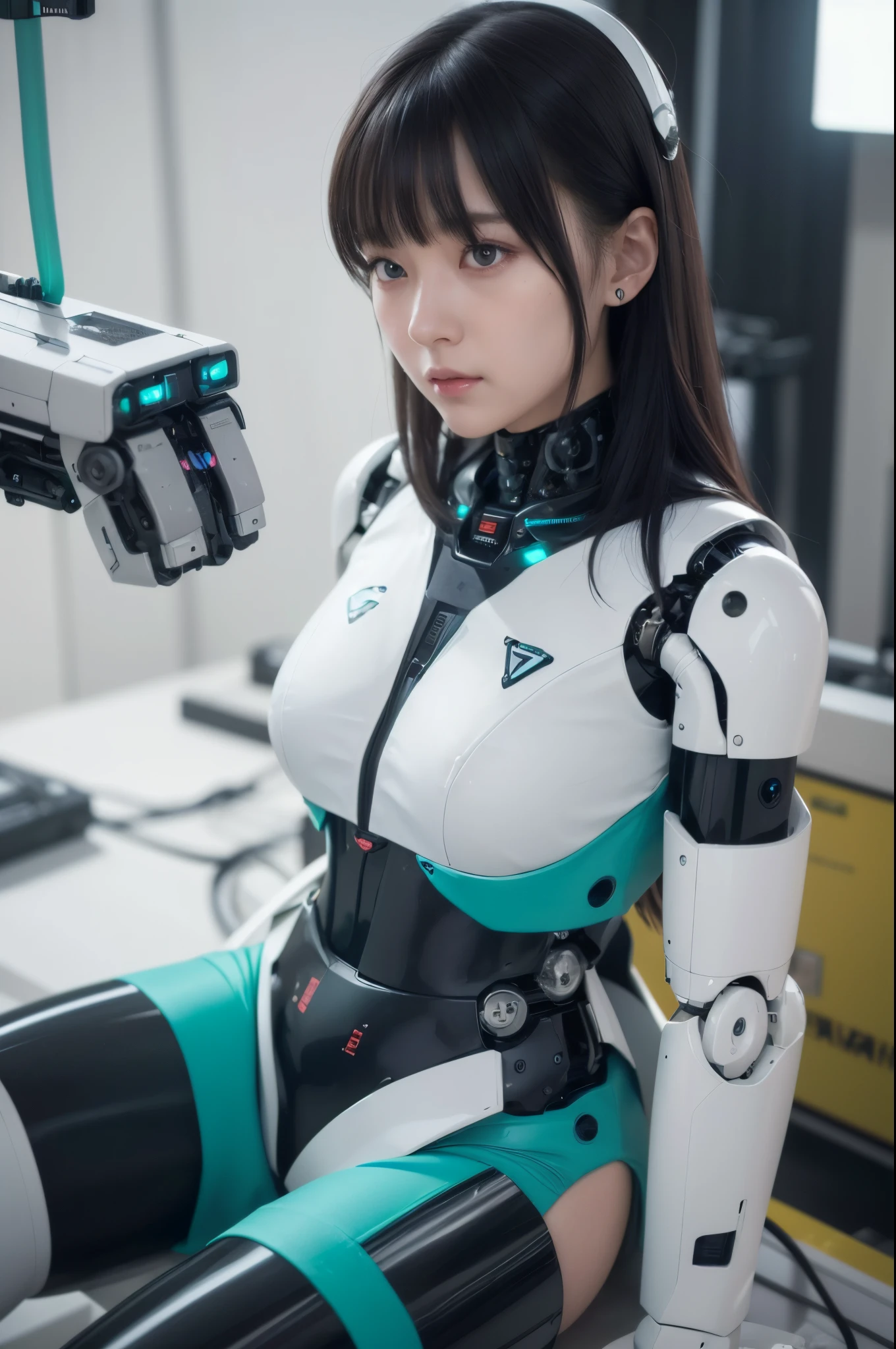 (photorealistic:1.4), (RAW photo)masutepiece, Best Quality, Extremely detailed, (Photorealistic:1.4), (8K, 4K, Best Quality, hight resolution, 超A high resolution:1.1), 8K portrait,1girl in, Japaese android gid,Plump , announcer,control panels,android,Droid,Mechanical Hand, ,Robot arms and legs, Black hair,Mechanical body,Blunt bangs,White Robotics Parts,perfect robot woman,Charging spot,Long Tube,A thick cable was connected to her neck,ceramic body ,Mechanical body, mechanical ear covers,android,robot humanoid,a bit chubby,panty,full eyes,perfect mechanical body,white robotics body,future laboratory,android factory,mechanical ear cover,white and aqua uniform,costume with aqua accents,