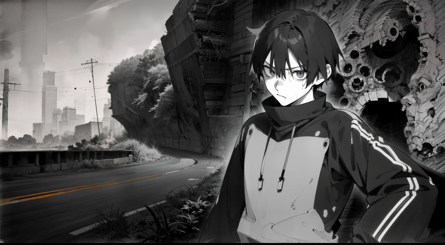 manga_line_art, anime male character on a abandoned empty road with a tunnel, annoyed, beautiful eyes, short dark hair, high res, ultrasharp, 8K, masterpiece, Anime Wallpaper, anime street, high resolution, abandoned road, fantasy, simple clothing, manga panel, drawing, black and white, creepy, stylized, anime style, manga style