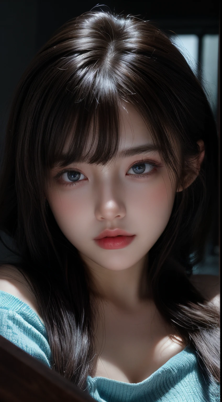 ((Best Quality, 8K, Masterpiece: 1.3)),((Hasselblad photo)), finely detailed skin, clear focus, (cinematic lighting), soft lighting , Beautiful Woman , (Random Hairstyle: 1.2), Ultra-detailed face, Detailed eyes, Double eyelids , Glossy skin, Bangs, big boob , Exposed cleavage, blue Eyes, ((Dark background)), looking at viewer, off shoulder, black sweater, sharp face, open mouse, long bang,