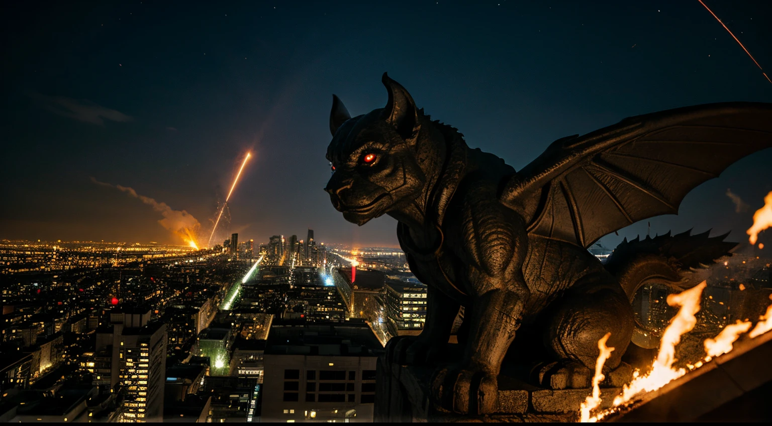 giant gargoyle, above the city, cinematic, episch, sparks, fire, dark, night, meteor, komet, impact,