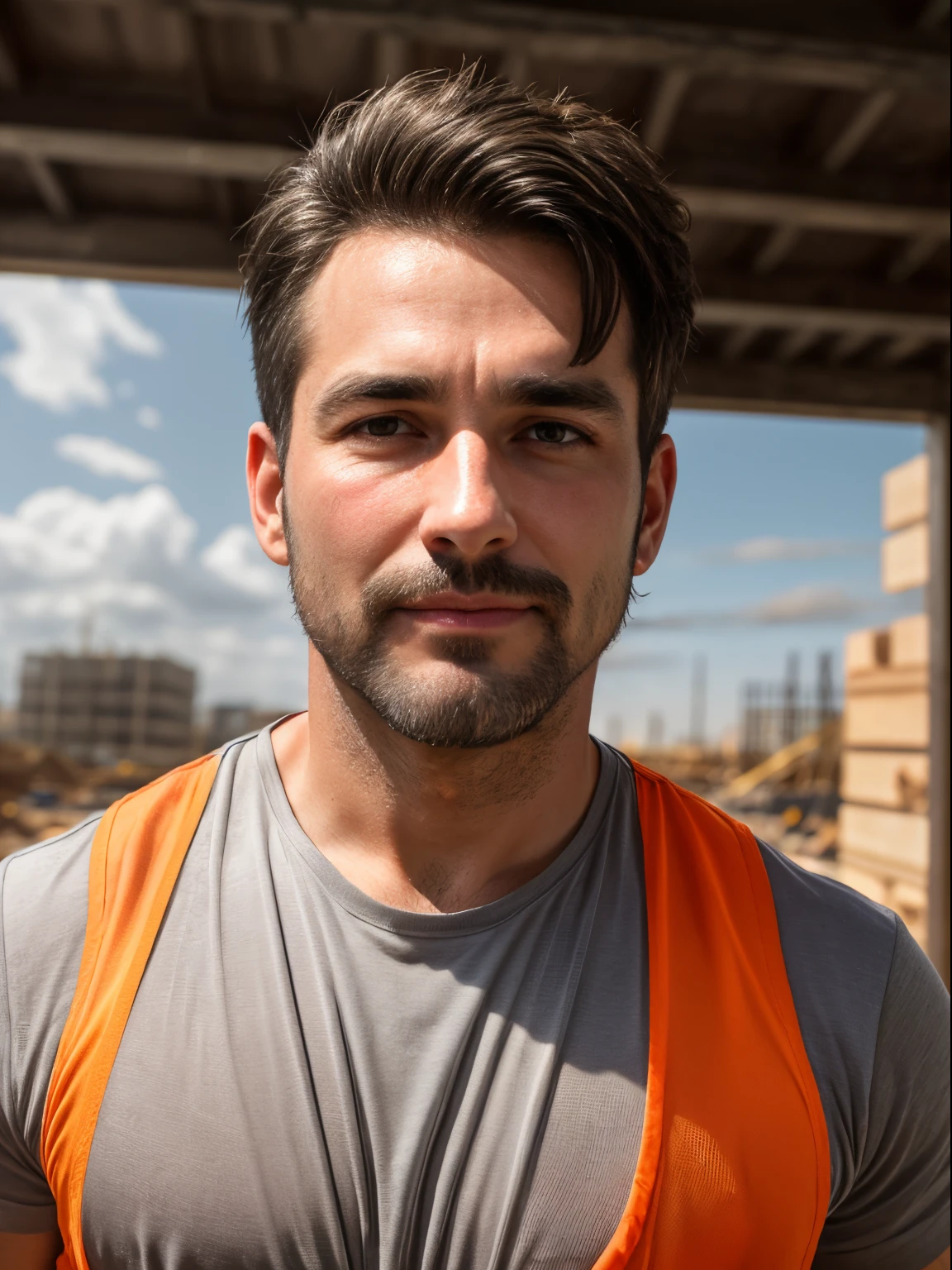 masterpiece, best quality, high resolution, closeup portrait, male focus, solo focus, A man, 40 years old, with construction worker uniform, unbuttoned work clothes, construction worker, silver grey hair, messy hairstyle, cute and seductive face, bare chest, body hair, facial hair, roman nose, very skinny body, hairy legs, dimples, beard, bold jawline , in the background a construction site, two men love touch romantic, two men kiss, sweaty, sunburnt, orange vest, attractive, view from below, amazing composition, front view, HDR, ultra quality, elegant, highly detailed