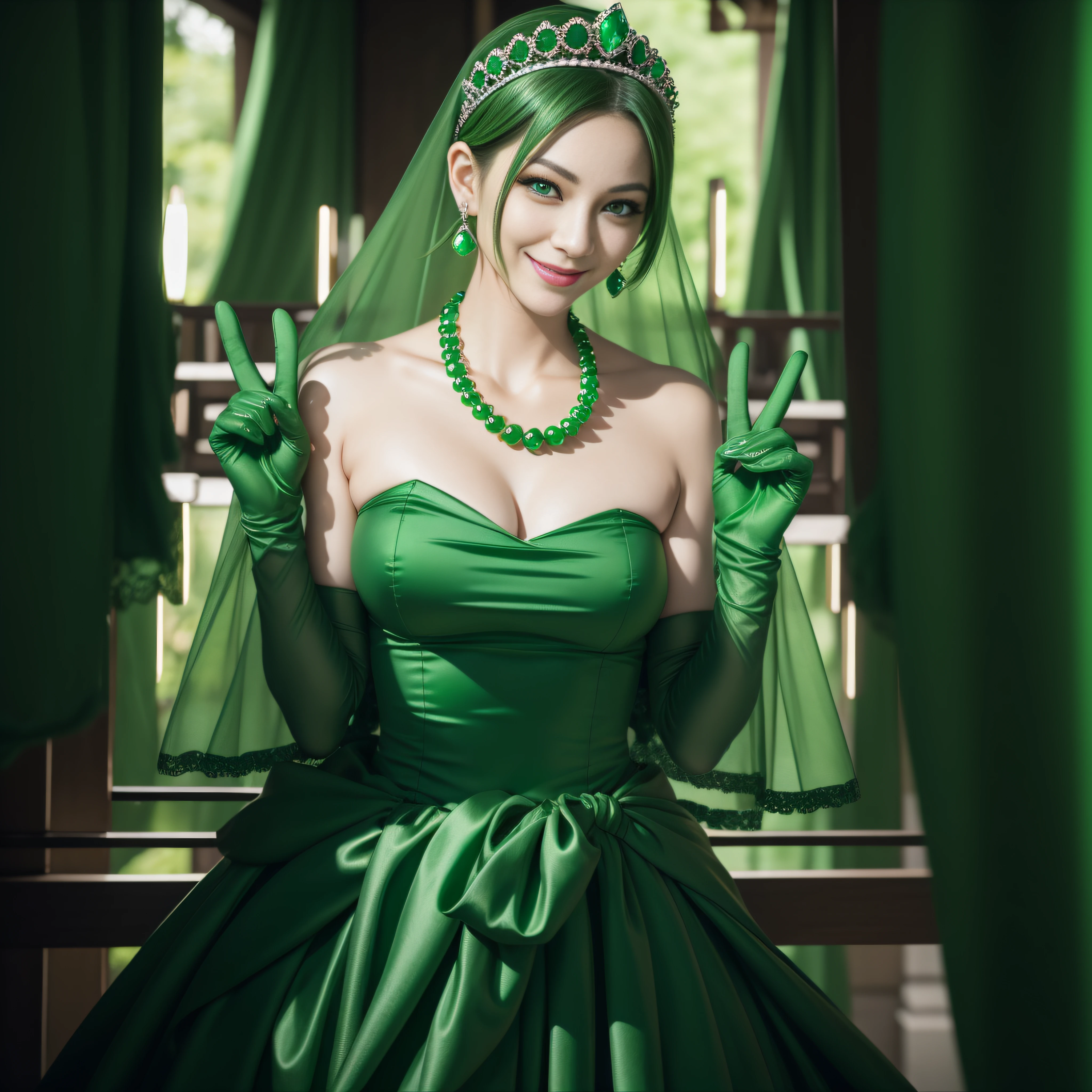 emerald tiara, Green Pearl Necklace, Boyish very short green hair, lipsticks, Japan woman smiling, very short short hair,  big breasts beautiful, Green eyes, Long green gloves made of satin material, Green eyes, Emerald Earrings, green vale, v sign