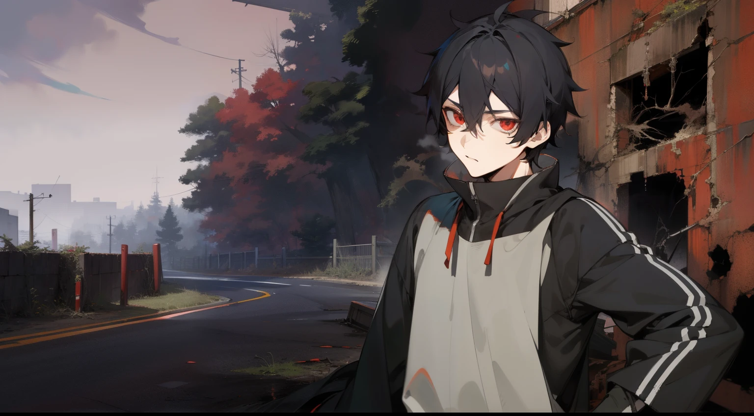 anime male character on a abandoned empty road, short dark hair, red eyes, high res, ultrasharp, 8K, masterpiece, Anime Wallpaper, anime street, background, high resolution, godrays, abandoned road, fantasy, simple cloathing