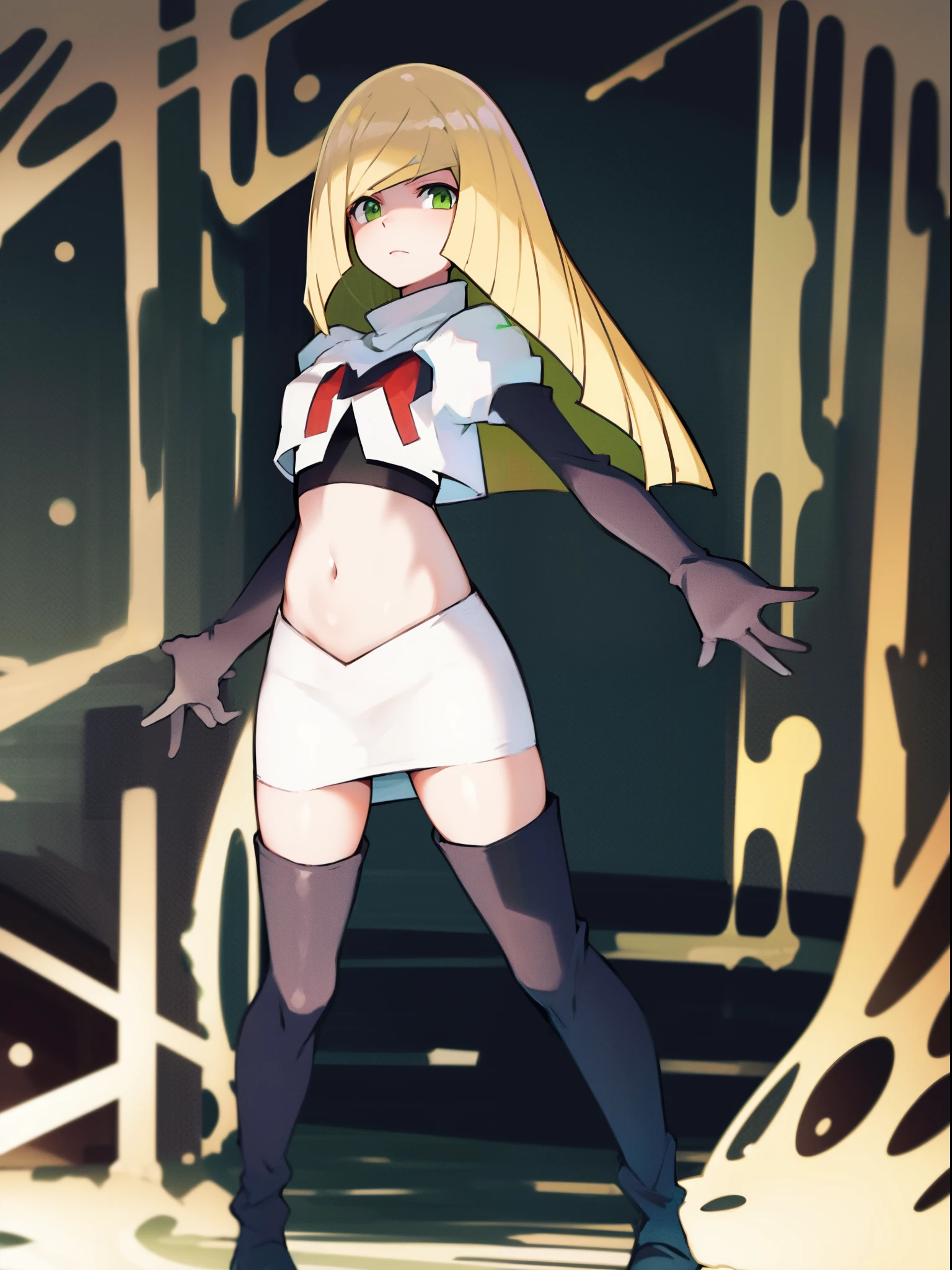 pokemonlusamine,green eyes,blonde hair,team rocket,team rocket uniform,white skirt,crop top,red letter R,black thigh-high boots,black elbow gloves,