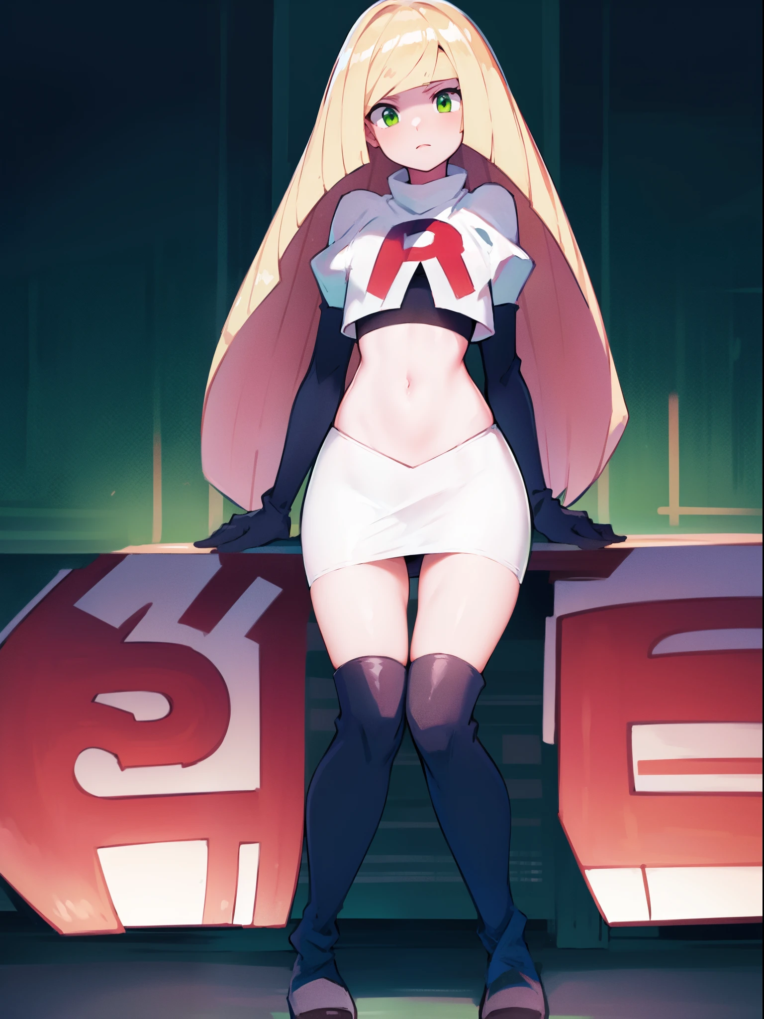 pokemonlusamine,green eyes,blonde hair,team rocket,team rocket uniform,white skirt,crop top,red letter R,black thigh-high boots,black elbow gloves,