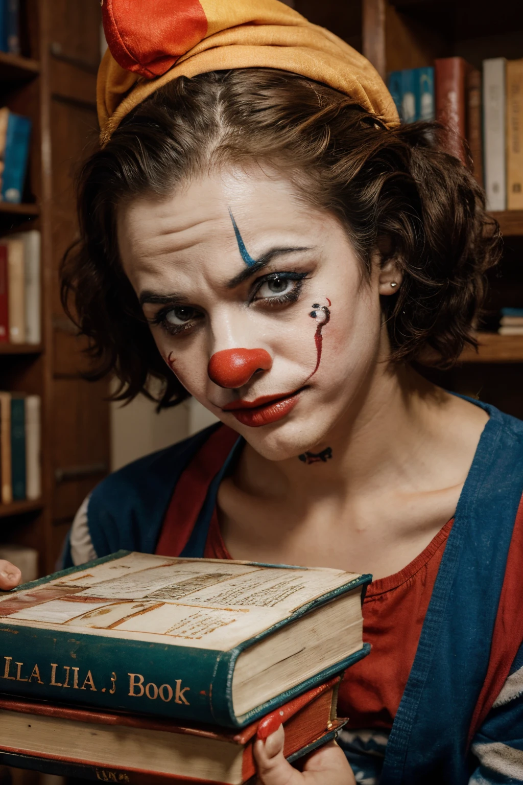 A frustrated, sad man studing english with books dressed like a clown with clown make up on