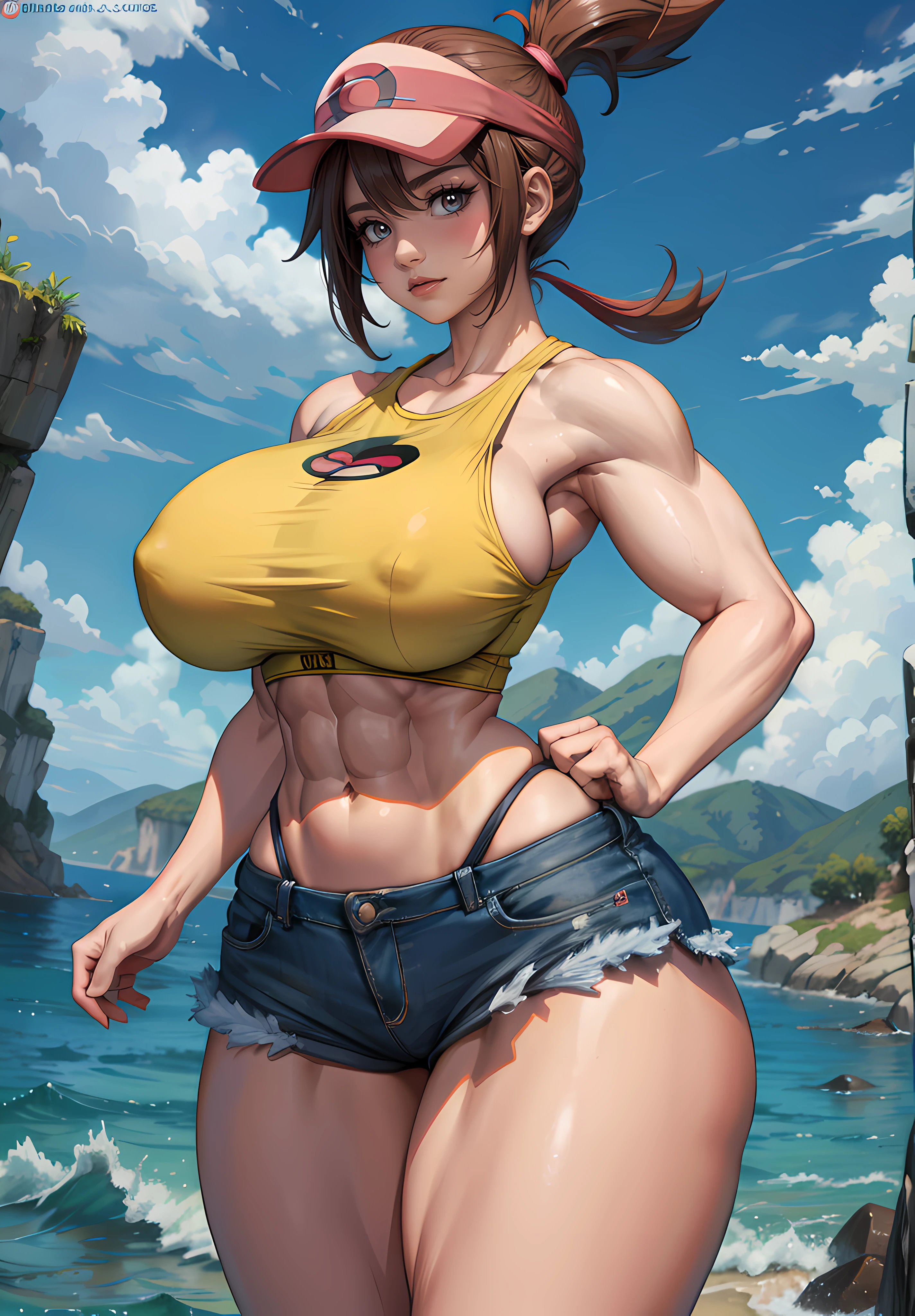 misty_(pokemon), huge breasts, thick thighs, wide hips, using micro string, (((huge muscles))).