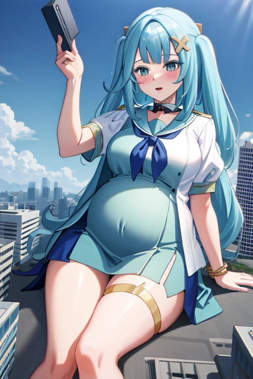 Giant maiden,Moe two-dimensional style,Pregnancy status,Round belly,Gaze at the bustling city, Lying down, Office uniform