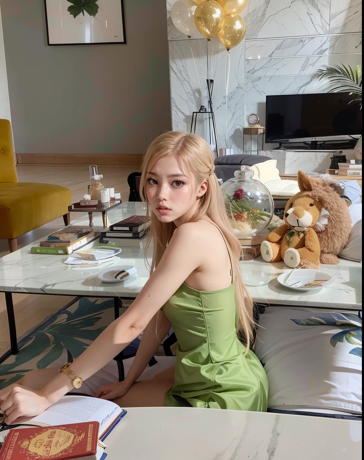 mujer rubia con vestido verde sentada en una mesa con un libro, Parque Roseanne de Blackpink, JIA, Sha Xi, Hada Ellie Bamber, Jossi de Blackpink, Basia Tran, con cabello largo y rubio, Gemma Chen, 19 year old girl, sobre una mesa, Lalisa Manobal, she is about 1 6 