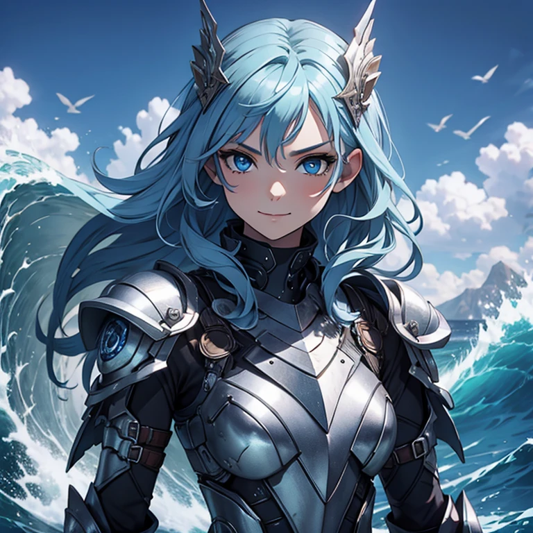 Master piece, 8k, ultra detailed, Blue armor, sapphire encrusted, light blue hair, navy blue eyes, smiley face, ocean waves background