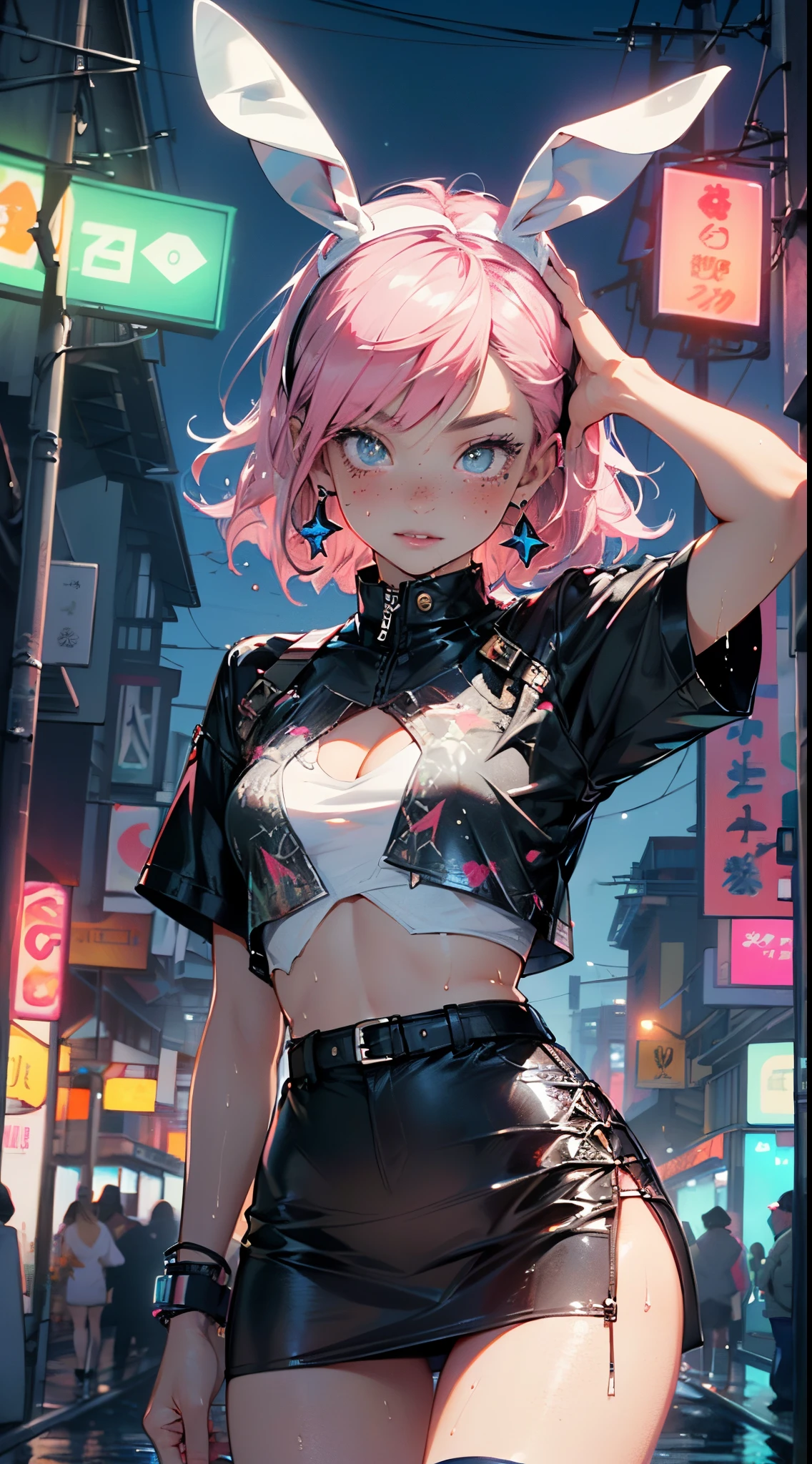 cute little bunny ,(((little lolill tiny body,petite, chibi))),(((6 years ttle bunny loli with extremelye and beautiful fuchsia hair)),(((bunny girl,anthro furry cute,bunny-girl))),(((bunny ears,bunny ears on head,big bunny ears))),
(((flat chest))),(((fuchsia hair:1.35,short fuchsia hair,colored inner hair,ear breathing,))),((heterochromia:1.5, (pink_eye and red_eye))),intricate eyes,beautiful detailed eyes,symmetrical eyes,big eyes:1.5,(((freckles on the face,freckles,freckled girl))),(((lustrous skin:1.5,bright skin: 1.5,skin tanned,shiny skin,very shiny skin,shiny body,plastic glitter skin,exaggerated shiny skin,illuminated skin,wet legs))),(detailed body,(detailed face)),
cute,slutty,erotic,(((nsfw))),
zettai ryouiki,revealing clothing,show skin,((rave shirt,neon colored shirt,rave mini-skirt,visible thong straps)),((underpants strap)),(wearing a rave outfit:1.3,rave clothes,semi-naked,with little clothing),((wet clothes,intricate outfit,intricate clothes)),
(dynamic pose:1.0),solo focus,embarrassed,(centered,scale to fit dimensions,Rule of thirds),
cyberpunk city by the ocean at night, with bright neon signs and dark stormy clouds and puddles, scenery:1.25,nighttime, starry night, cosmos,Very dark night that makes the neon lights stand out, very bright neon lights,nighttime, starry night, cosmos,
artistic photography,(photography taken by sldr),highres, sharp focus, (ultra detailed, extremely detailed), (photorealistic artwork:1.37),(extremely detailed CG unity 8k wallpaper),((synthwave background theme)),(((vibrant colors))),(intricate background),(masterpiece),(best quality)