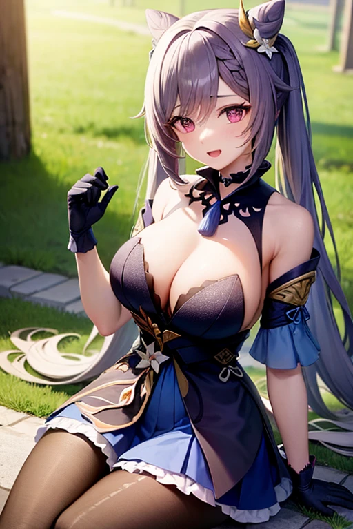((highly detailed)), genshin impact, keqing, perfect human hands,(great breast:1.1),relaxed pose, ((fit female)) , super perfct body curve, masterpiece, 4K, detailed, perfect face, (20 years old) language, fit figure, gorgeous perfect face, happy expression, open mouth, realistic style and super detailed renderings, superrealism, super-realistic oil, contour shadow-procesull body portrait, sitting in a rock in the city , hands on thighs, high res, ultrasharp, 8K, masterpiece, looking at viewer