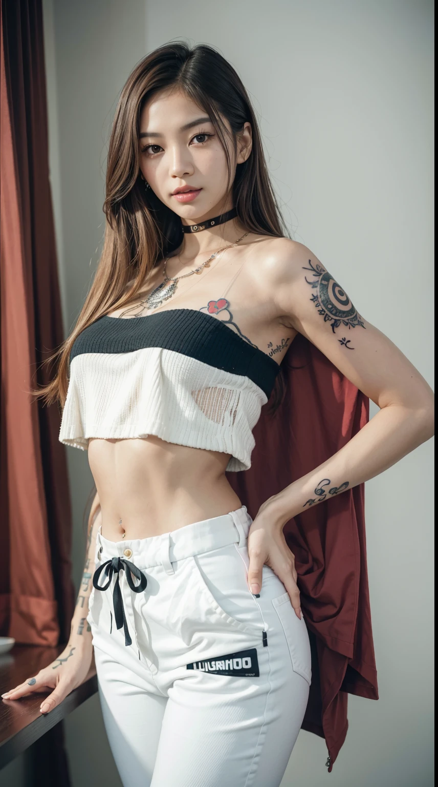 40 years old, gorgeous cute Argentinian girl, smirk, freckles, polaroid photo, curtain bangs hair, (latino_skin:1.6), araffe woman in red shirt and white pants posing for a picture, portrait of jossi of blackpink, tzuyu from twice, jaeyeon nam, with long hair, blackpink jennie, jinyoung shin, korean girl, portrait of female korean idol, jossi of blackpink, ulzzang, beautiful young korean woman, beautiful south korean woman, asian girl with long hair, medium blonde hair, famous beautiful model, good young girl, (masterpiece:1.0),(best_quality:1.0), ultra high res,4K,ultra-detailed, photography, 8K, HDR, highres, absurdres:1.2, Kodak portra 400, blurry background, bokeh, lens flare, (vibrant_color:1.2),professional photograph, (the_tattoo:1.4), (beautiful_face:1.5),(narrow_waist). --v 6
