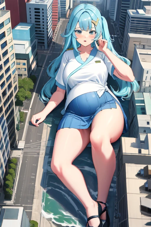 Giant maiden，Moe two-dimensional style，Pregnancy status，Round belly，Gaze at the bustling city, Lying down,  Office uniform, Full body