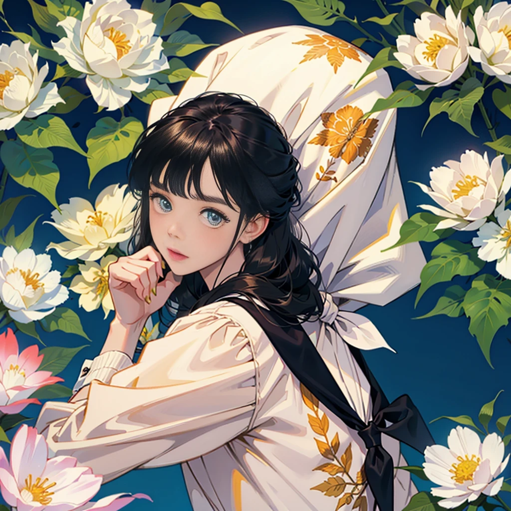 Create award-winning work, Highly detailed vector illustration of comic style wallpaper,Lots of turquoise and creamy flowers, decorated with intricate leaves.a sailor suit、girl with