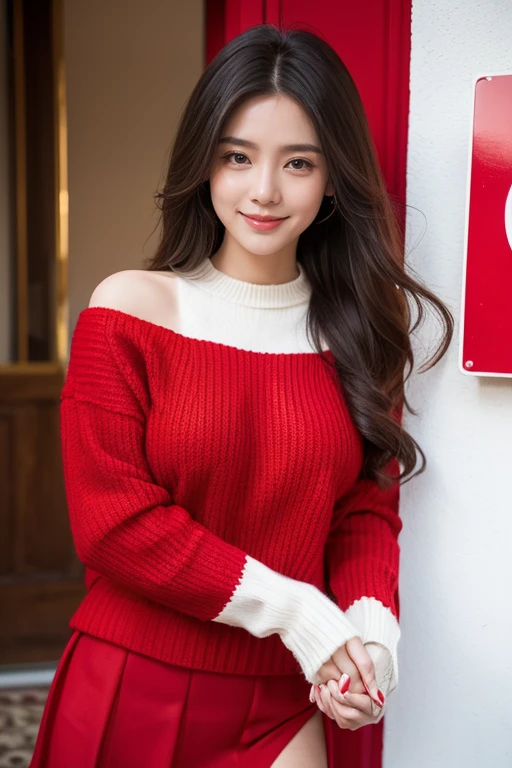 cute smiling,woman wearing red sweater and red skirt, Hand holding white sign,a portrait by Juan O'Gorman, Tumbler, number art, Red sweater, Crimson, 2 4 year old female model, Edited, stunn, Wearing a saffron sweater, Red clothes, Beautiful image, Rendering,Red clothes, Red, dark red clothes, Wearing an oversized sweater,shoulders outward,an sexy, Hand holding white sign