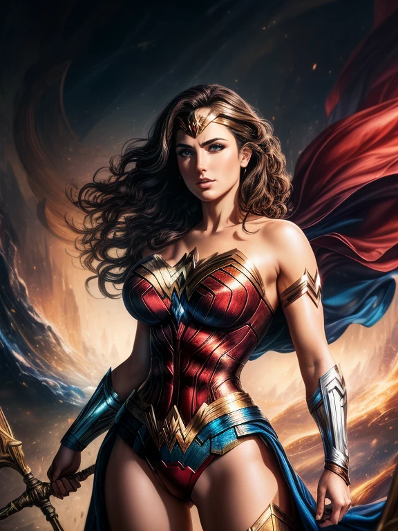 (Best Quality), (masterpiece), (ultra-detailer), (16K resolution), (Extremely detailed), Abstract expressionist painting "Hyperion", Wonder Woman (gigantic breasts), tarot card, Digital Painting, character concept art portrait, catastrophe,