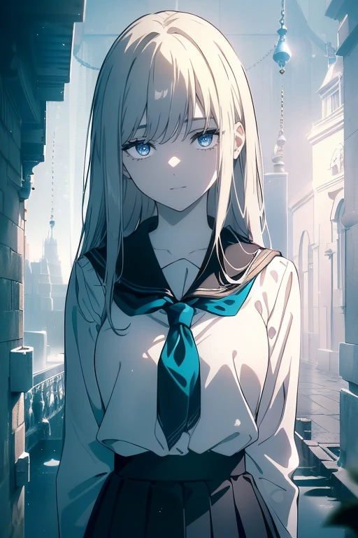 (Obra maestra, La mejor calidad, ultrahigh resolution), 1girl, standing, school uniform, white office shirt, black pleated skirt, ((light brown, light brown hair:0.7), long hair cut, pale skin, ((blue eyes)), glowing_eyes, neon eyes, (ultra detailed eyes, beautiful and detailed face, detailed eyes), ((centered)), smile, ((wide shot)), facing viewer, eye level, (blurry background, bright snowy background, winter), flat chested, looking at viewer, ((half closed eyes)), ((perfect hands)), (((head, arms, hips, elbows, in view))), ((hands behind back)), empty eyes, beautiful lighting, outside, outdoors, background, defined subject, 25 years old,