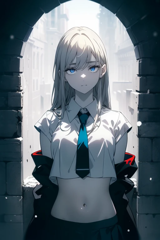 (Obra maestra, La mejor calidad, ultrahigh resolution), 1girl, standing, school uniform, white office shirt, black pleated skirt, ((light brown, light brown hair:0.7), long hair cut, pale skin, ((blue eyes)), glowing_eyes, neon eyes, (ultra detailed eyes, beautiful and detailed face, detailed eyes), ((centered)), smile, ((wide shot)), facing viewer, eye level, (blurry background, bright snowy background, winter), flat chested, looking at viewer, ((half closed eyes)), ((perfect hands)), (((head, arms, hips, elbows, in view))), ((hands behind back)), empty eyes, beautiful lighting, outside, outdoors, background, defined subject, 25 years old,