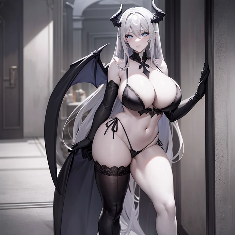 1 girl, long grey hair, gargoyle, grey/pale skin, blue eyes, black bra and underwear, black thigh highs, massive boobs, large ass, wide hips, standing, sharp teeth, grey bat wings, grey horns, standing in a hallway, beautiful, masterpiece