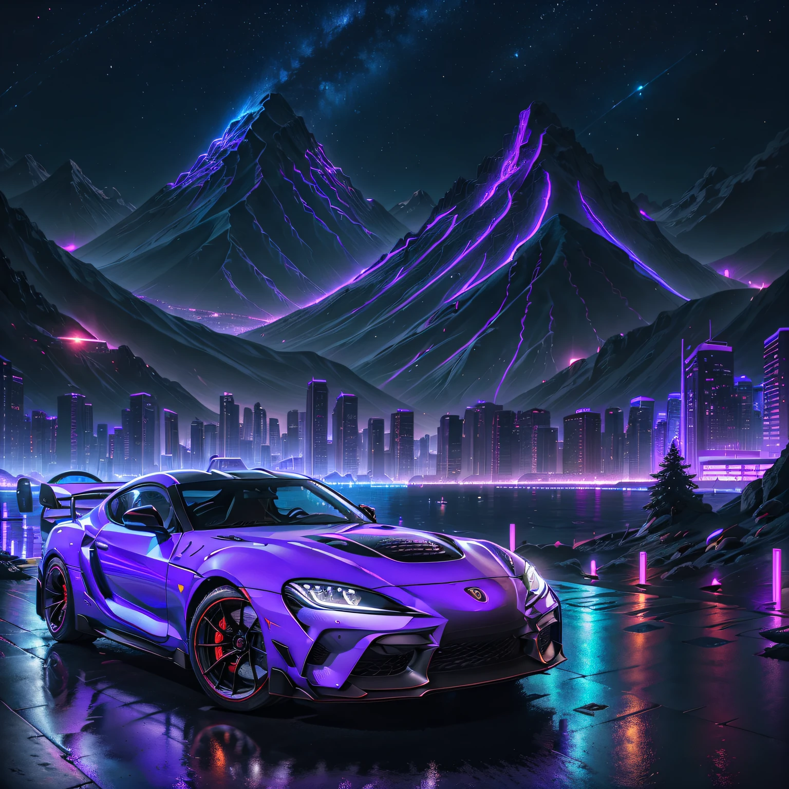 2024 GR Supra GT4, retrowave city, purple neon lights, sun, mountain, (masterpiece, detailed, highres),
