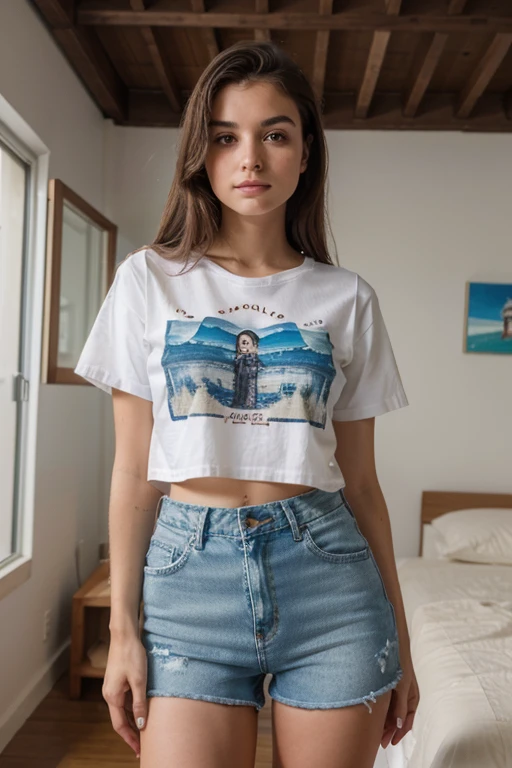 fotografia de uma mulher de 19yo, rosto perfeito, standing on her feet, de blusa e mini short jeans
