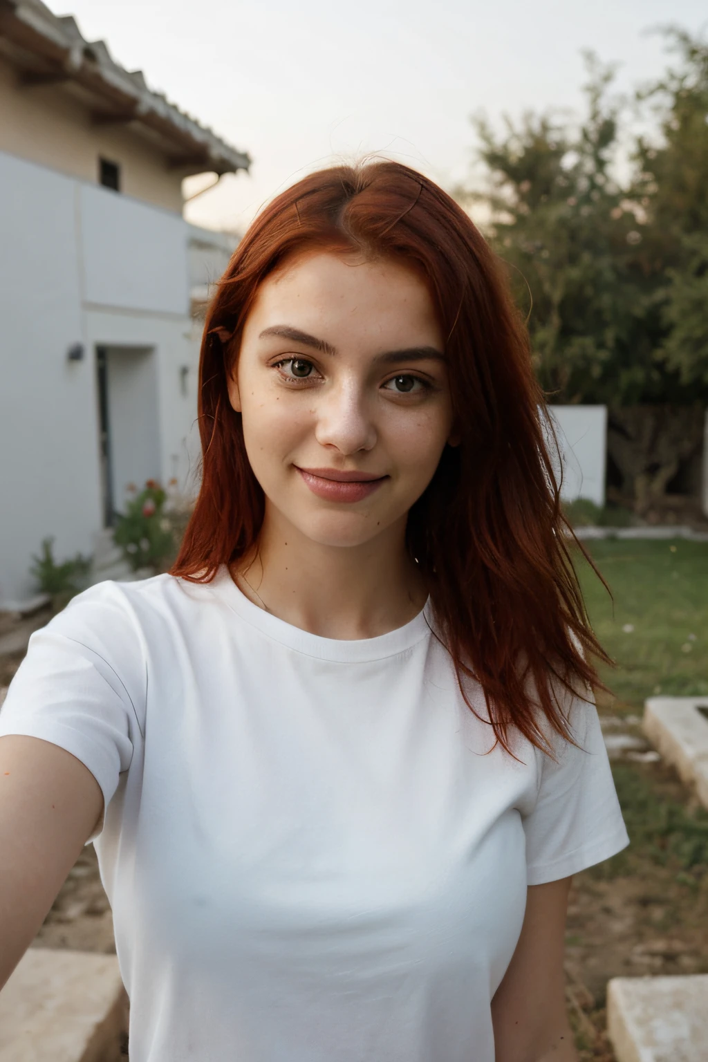 Modern greek girl with red hair, taking a selfie with white and wet t-shirt in the yard, sun is hiting her face, small smiling, close mouth, weat skin, big beautiful eyes, natural, golden hour