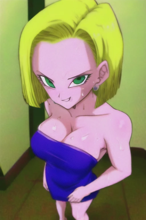 Android 18, standing, smirk, portrait, sexy dress, cleavage, nsfw, standing, portrait, masterpiece, best quality, solo, looking at viewer, upper body, full body, standing, blonde hair, short hair, bob hair, mature female, medium breasts, sexy, hot, mini dress, black dress, strapless, short blonde, green eyes, porn, sweating, sagging, soft breasts, 1 girl, solo, masterpiece, high quality,
