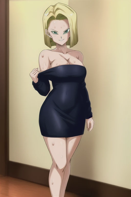 Android 18, standing, smirk, portrait, sexy dress, cleavage, nsfw, standing, portrait, masterpiece, best quality, solo, looking at viewer, upper body, full body, standing, blonde hair, short hair, bob hair, mature female, medium breasts, sexy, hot, mini dress, black dress, strapless, short blonde, green eyes, porn, sweating, sagging, soft breasts, 1 girl, solo, masterpiece, high quality,